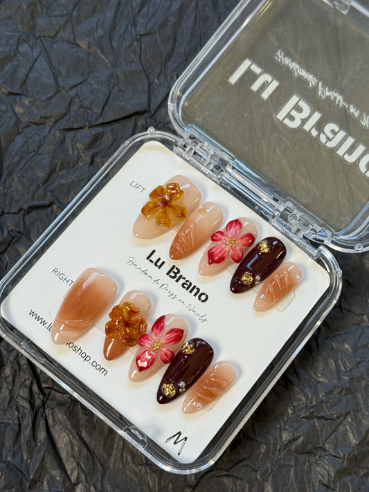 Amber Elegance | 3D Floral Design | Handmade Press-On Nails | Crystal Amber | Elegant Brown Tones | Almond Shape