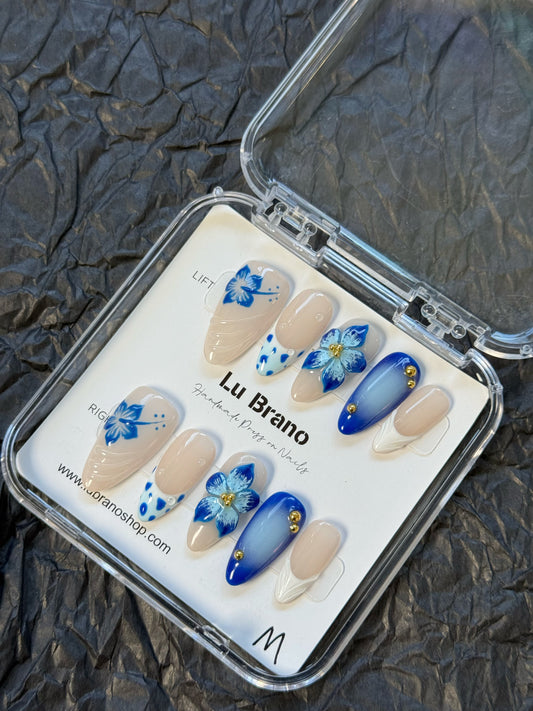 3D Blue Floral Nails | Handmade Press-On Nails | Almond Shape