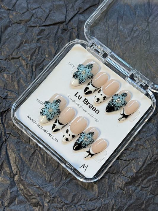 Blue Alpine Bloom | Almond Shape | Bold & Passionate | Black & White Leopard | Handmade Press-On Nails | French Style